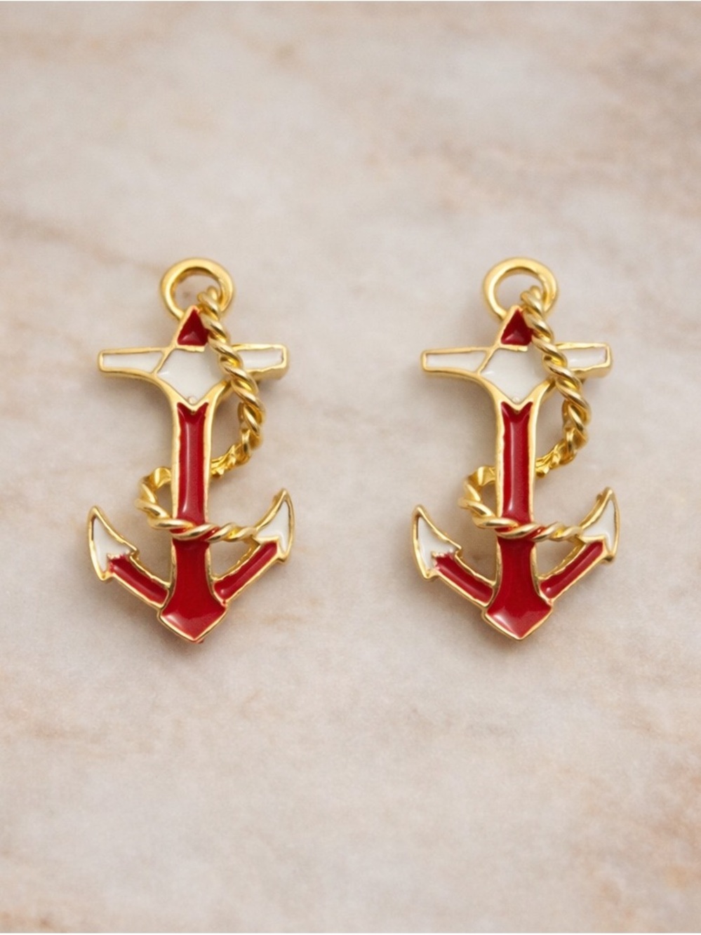 Nautical Anchor Stud Earrings Red White Gold Tone Enamel Summer